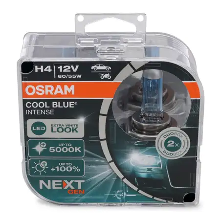 2x OSRAM Gl&uuml;hlampe H4 COOL BLUE INTENSE Next Gen 12V 60/55W P43t +100% 5000K