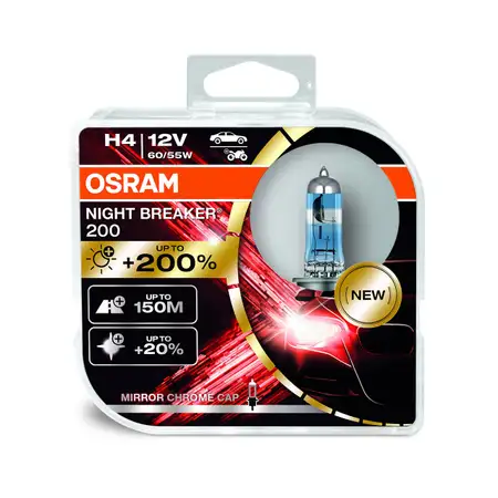 2x OSRAM H4 NIGHT BREAKER 200 Gl&uuml;hlampe Halogenlampe 12V 60/55W P43t +200%