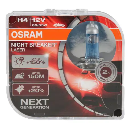 2x OSRAM Gl&uuml;hlampe H4 NIGHT BREAKER LASER 12V 60/55W P43t next Generation +150%