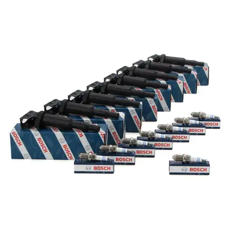 8x BOSCH Z&uuml;ndspule + 8x BOSCH Z&uuml;ndkerze BMW 5er E60 E61 6er E63 E64 7er E65-67 X5 E53 N62