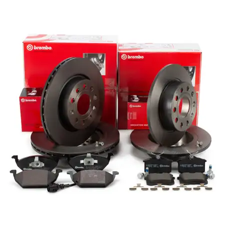 BREMBO Bremsscheiben + Bel&auml;ge + Wako AUDI A3 8P Leon Octavia 3 VW GOLF 5 6 vorne + hinten