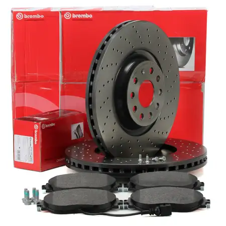 BREMBO XTRA Bremsscheiben + Bel&auml;ge + Wako VW Golf 7 8 GTI / R AUDI S3 8V 8Y SQ2 GA vorne