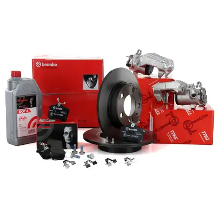 BREMBO Bremsscheiben Bel&auml;ge Bremsfl&uuml;ssigkeit TRW Bremssattel AUDI SEAT SKODA VW hinten