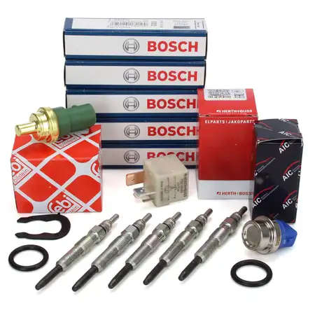 5x BOSCH Gl&uuml;hkerze + Vorgl&uuml;hrelais 103 + G62 Geber VW Transporter T4 2.5 TDI