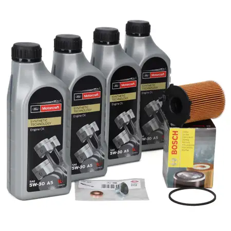 4L MOTORCRAFT A5 5W-30 Motor&ouml;l + BOSCH &Ouml;lfilter FORD Fiesta Focus Mondeo 1.4/1.5/1.6 TDCi