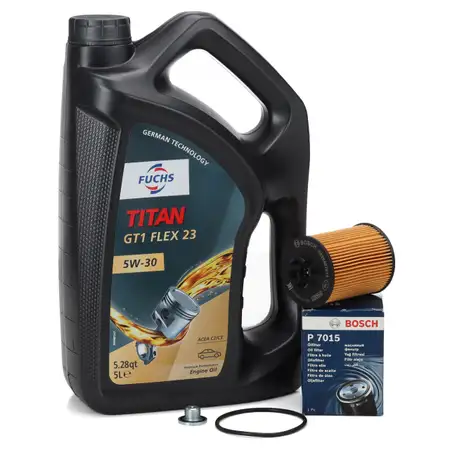 5L FUCHS TITAN GT1 FLEX 23 5W30 Motor&ouml;l + BOSCH &Ouml;lfilter OPEL Astra Corsa Meriva 1.0-1.4