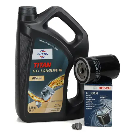 5L FUCHS TITAN 0W-30 Motor&ouml;l + BOSCH &Ouml;lfilter AUDI SEAT SKODA VW 1.6 1.8 2.0 06A115561B