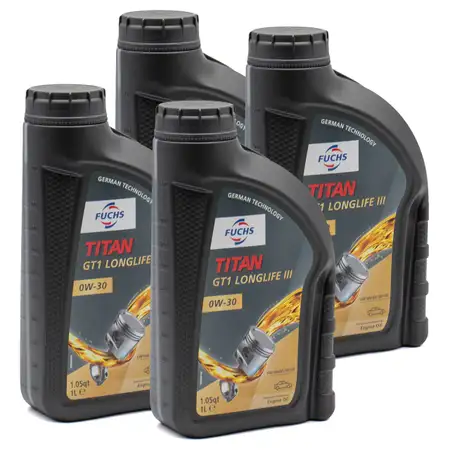 4L 4 Liter FUCHS Motor&ouml;l &Ouml;l TITAN GT1 LONGLIFE III 0W-30 0W30 VW 504.00/507.00