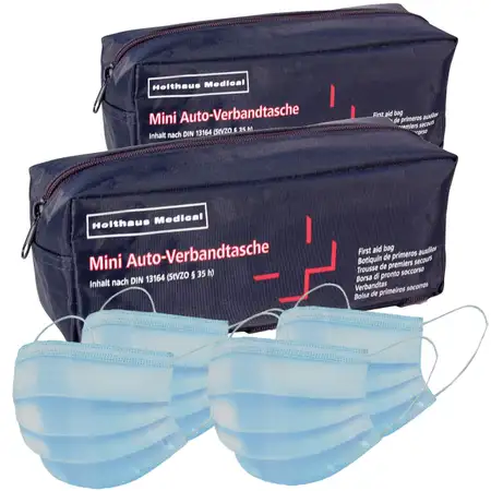 2x HOLTHAUS Mini KFZ PKW Verbandtasche Verbandskasten BLAU DIN13164-2022 (MHD 02.2028)