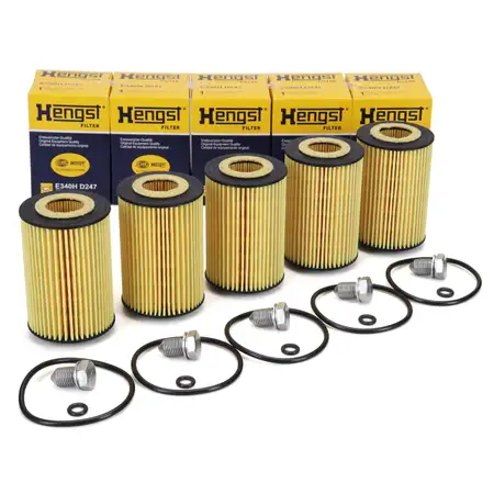 5x HENGST E340HD247 &Ouml;lfilter + Schraube VW Golf 7 Passat Polo Tiguan Touran T6 1.6/2.0 TDI