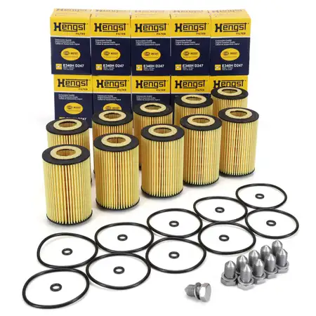 10x HENGST E340HD247 &Ouml;lfilter + Schraube VW Golf 7 Passat Polo Tiguan Touran T6 1.6/2.0TDI