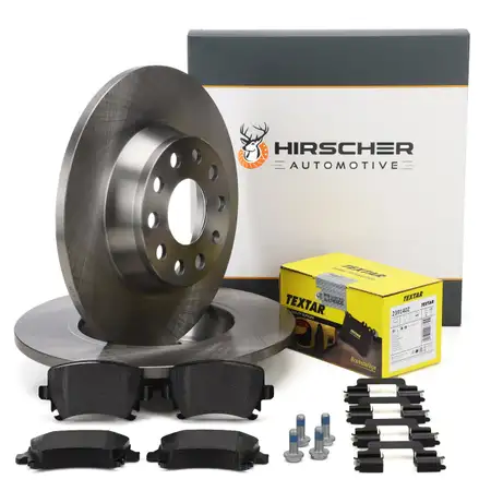 HIRSCHER Bremsscheiben + TEXTAR Bel&auml;ge VW Golf 5 6 GTI Passat B6 AUDI A3 8P Q3 8U hinten