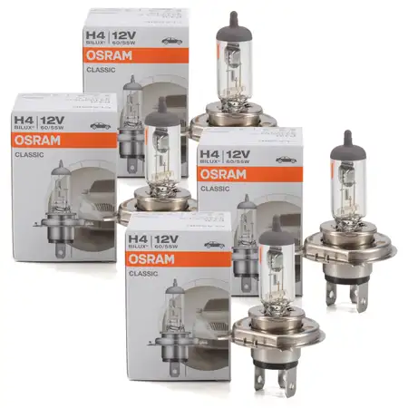 4x OSRAM Gl&uuml;hlampe Halogenlampe H4 CLASSIC 12V 55/60W P43t 64193CLC