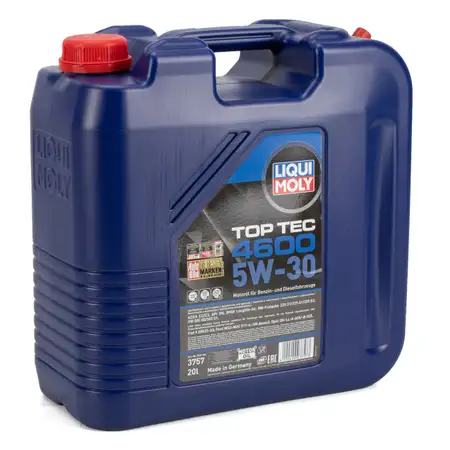 20L 20 Liter LIQUI MOLY Motor&ouml;l 5W30 TOP TEC 4600 dexos2 BMW LL-04 VW 505.00/01