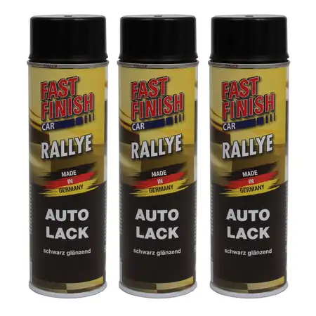 3x 500 ml FAST FINISH Rallye Autolack Lackspray Schwarz Gl&auml;nzend Spraydose