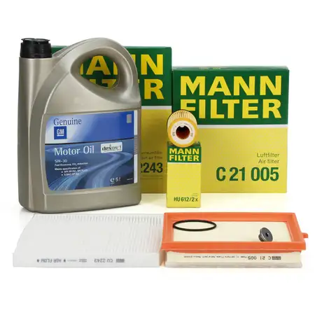 MANN Filterset + 5L ORIGINAL 5W30 dexos1 Gen3 Motor&ouml;l OPEL Adam (M13) 1.2 1.4 / LPG / S