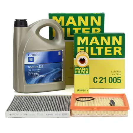 MANN Filterset + 5L ORIGINAL 5W30 dexos2 Motor&ouml;l OPEL Adam (M13) 1.2 1.4/LPG/S 69-150 PS