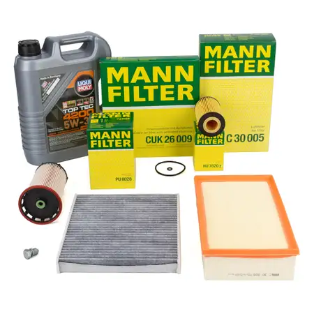 MANN Filterset 4-tlg + 5L LIQUI MOLY 5W30 Motor&ouml;l VW Golf 7 Passat B8 A3 8V 1.6/2.0 TDI