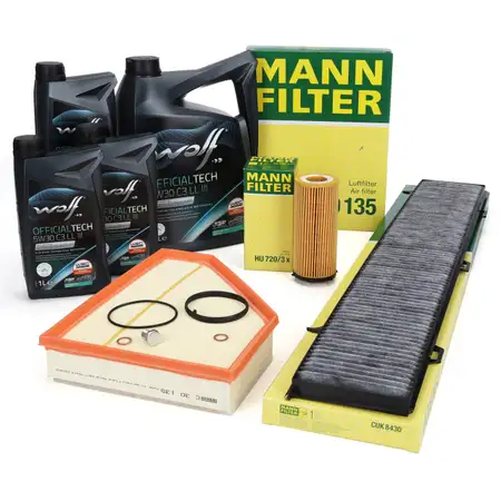 MANN Filterset 3-tlg + 8L WOLF 5W30 C3 LL III Motor&ouml;l BMW E90 E91 E92 E93 325d 330d N57