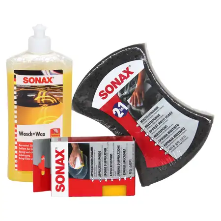 SONAX Autoshampoo Konzentrat Wasch&amp;Wax + Multischwamm + Applikationsschwamm