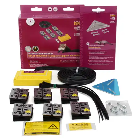 STOP &amp; GO Hochspannungs Marderabwehrger&auml;t mit Ultraschall 8 Plus-Minus CLIP + Winkel