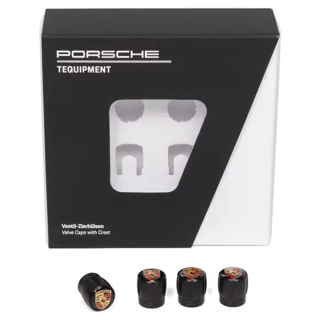 4x ORIGINAL Porsche Ventilkappe Schwarz mit Wappen f&uuml;r RDK Sensoren 99104460267