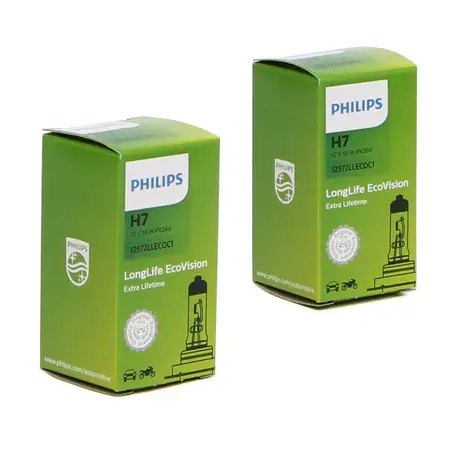 2x PHILIPS Halogenlampe Gl&uuml;hlampe H7 LONGLIFE ECOVISION 12V 55W PX26d