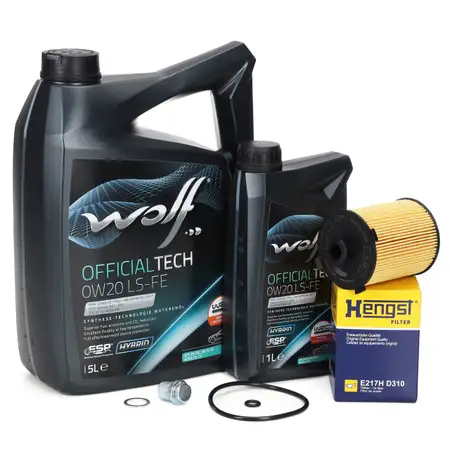 6L WOLF OFFICIALTECH 0W20 LS-FE Motor&ouml;l + HENGST &Ouml;lfilter VOLVO V40-90 XC40-90 T2-T8 D2-D5