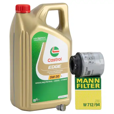 5L CASTROL EDGE 5W-30 LL Motor&ouml;l + MANN &Ouml;lfilter VW Golf 6 Passat Polo Touran 1.2/1.4 TSI