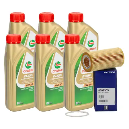 6L CASTROL EDGE Motor&ouml;l &Ouml;l TITANIUM A5 0W30 + ORIGINAL Volvo &Ouml;lfilter 8692305