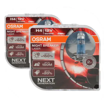 4x OSRAM Gl&uuml;hlampe H4 NIGHT BREAKER LASER 12V 60/55W P43t next Generation +150%