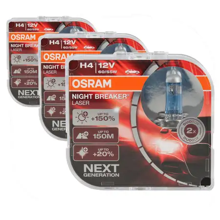 6x OSRAM Gl&uuml;hlampe H4 NIGHT BREAKER LASER 12V 60/55W P43t next Generation +150%