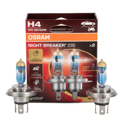 2x OSRAM H4 NIGHT BREAKER 220 Gl&uuml;hlampe 12V 55/60W P43t +220% VERSION 2024/2025