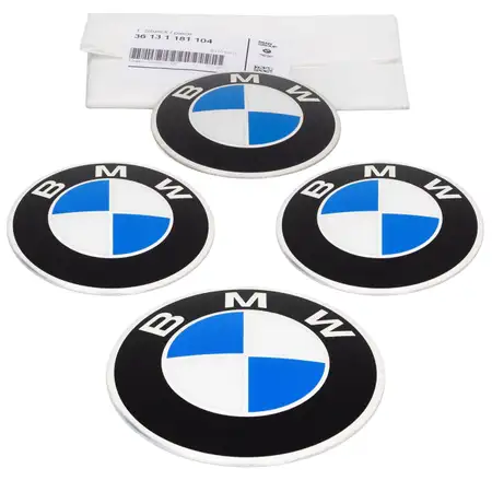 4x ORIGINAL BMW &Oslash; 82mm Nabendeckel Aufkleber Emblem 5er E12 1500-2000 2500-3.3 36131181104