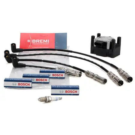 HITACHI Z&uuml;ndspule + BREMI Z&uuml;ndkabelsatz + 4x BOSCH Z&uuml;ndkerze VW Golf 5 6 AUDI A3 8P 1.6