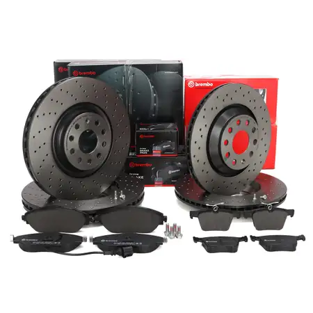 BREMBO XTRA Bremsscheiben + Bel&auml;ge + Sensor VW Golf 7 GTI / R AUDI S3 8V vorne + hinten