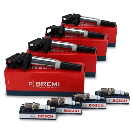 4x BREMI Z&uuml;ndspule + 4x BOSCH Z&uuml;ndkerze BMW E81-88 E46 E90-93 X1 E84 X3 E83 Z4 E85 N40-46