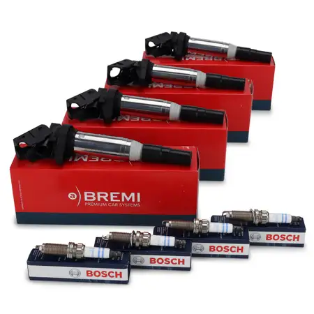 4x BREMI Z&uuml;ndspule + 4x BOSCH Z&uuml;ndkerze BMW F20/21 F22/23 F30-34 F32-36 F10/11 X1 X3 N20