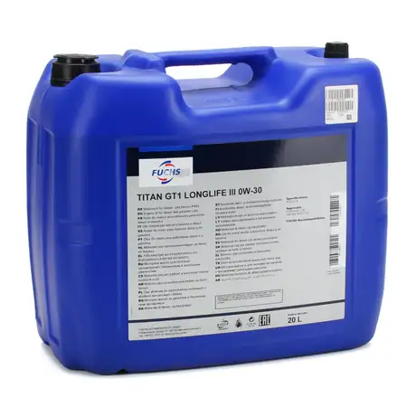 20L 20 Liter FUCHS Motor&ouml;l &Ouml;l TITAN GT1 LONGLIFE III 0W-30 0W30 VW 504.00/507.00