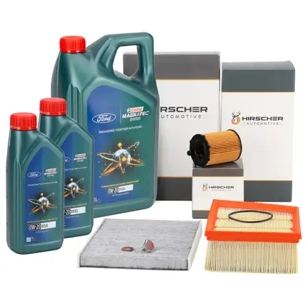 HIRSCHER Filterset 3-tlg + 7L CASTROL 0W20 Motor&ouml;l FORD Fiesta 7 MK7 1.5 TDCi 75-120 PS