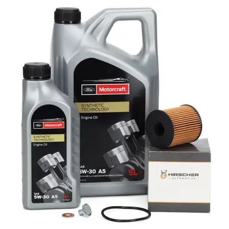 6L MOTORCRAFT 5W30 A5 Motor&ouml;l + HIRSCHER &Ouml;lfilter FORD Focus 3 Kuga Mondeo 4 2.0/2.2 TDCi