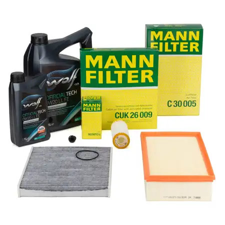 MANN Filterset + 6L WOLF 0W20 LL FE Motor&ouml;l VW Golf 7 8 Passat B8 A3 1.8/2.0 TSI/GTI/R