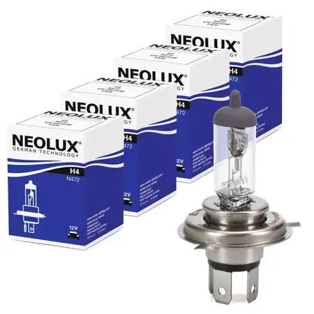 4x NEOLUX N472 Gl&uuml;hlampe Halogenlampe Scheinwerfer H4 12V 55/60W P43t