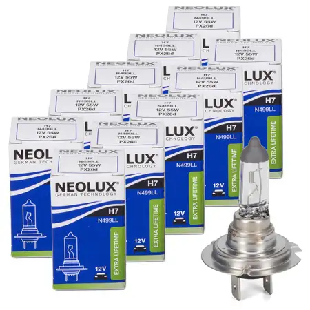 10x NEOLUX N499LL EXTRA LIFETIME Gl&uuml;hlampe Halogenlampe Scheinwerfer H7 12V 55W PX26d