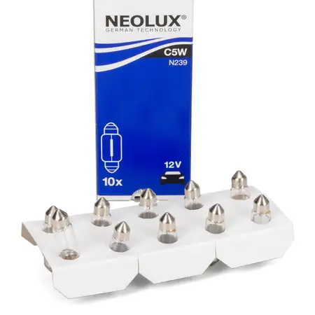 10x NEOLUX N239 Gl&uuml;hlampe Halogenlampe Sockelgl&uuml;hlampe C5W 12V 5W SV8,5-8