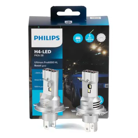 2x PHILIPS Ultinon Pro6000 HL Boost H4 LED Gen2 mit Stra&szlig;enzulassung 12V +300% 5800K