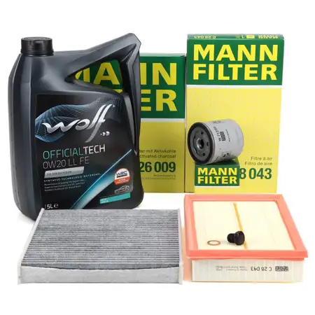 MANN Filterset + 5L WOLF OFFICIALTECH 0W20 LL FE Motor&ouml;l VW Golf 7 8 Passat B8 1.0/1.5 TSI