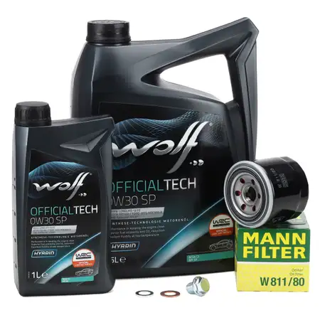 6L WOLF OFFICIALTECH 0W30 SP Motor&ouml;l + MANN &Ouml;lfilter HONDA HYUNDAI KIA MITSUBISHI ROVER