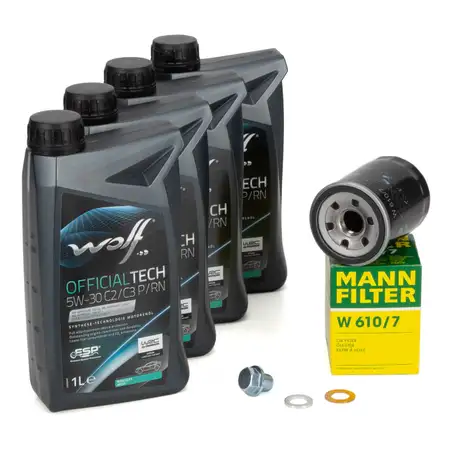 4L WOLF OFFICIALTECH 5W30 C2/C3 P/RN Motor&ouml;l + MANN &Ouml;lfilter HYUNDAI ATOS i10 i20 1.0-1.2