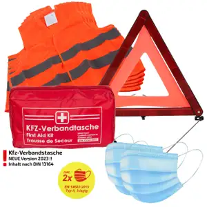 Verbandtasche Erste-Hilfe DIN13164-2022 (MHD 08.2028) + 5x Warnweste ORANGE + Warndreieck